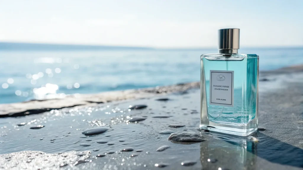 Botol parfum aroma aquatic di atas batu basah dengan latar belakang laut yang menyegarkan.