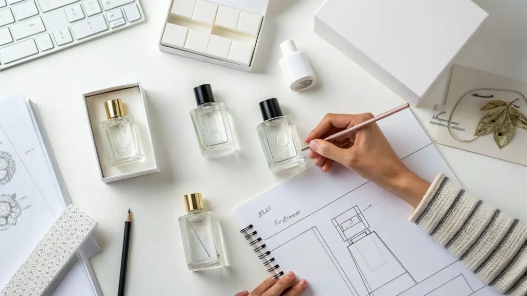 Tangan desainer menggambar sketsa kemasan parfum di meja kerja.