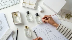 Tangan desainer menggambar sketsa kemasan parfum di meja kerja.