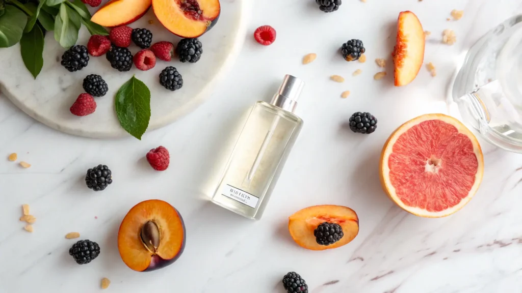 Flat lay botol parfum dikelilingi potongan buah persik, blackberry, dan jeruk bali di atas meja marmer.