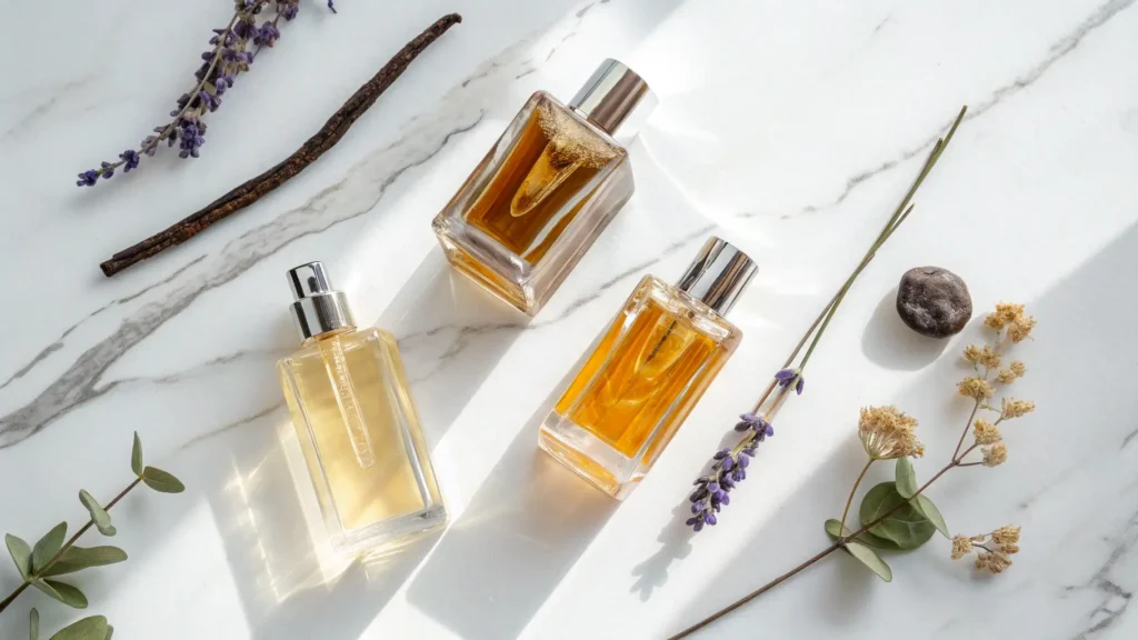 Tiga botol parfum wangi amber di atas meja marmer dengan bahan alami.