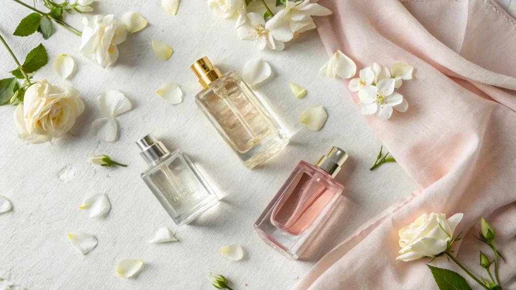 Tiga botol parfum elegan dengan hiasan bunga mawar putih dan kain lembut.