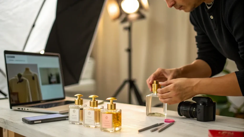 Seorang pria sedang menata botol parfum untuk sesi foto produk di studio.