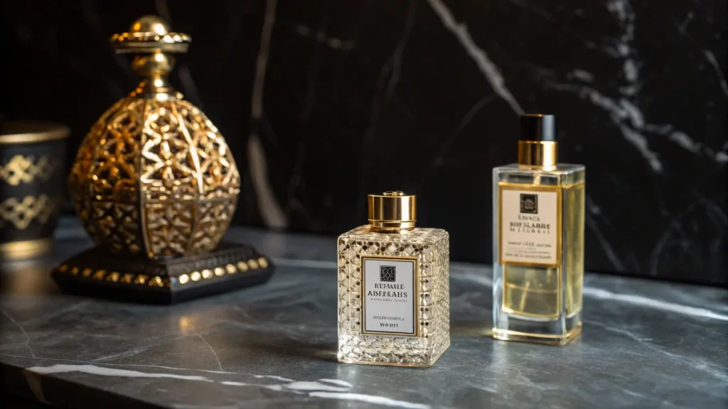 Dua botol parfum premium dan satu botol parfum ultra-mewah di atas meja marmer.