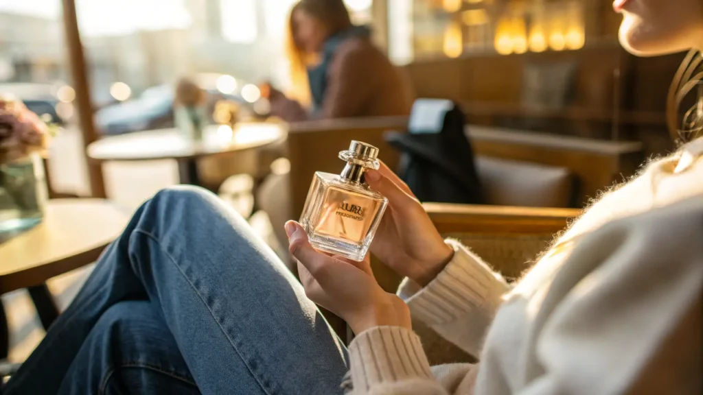 Wanita memegang botol parfum elegan dengan latar kafe yang cerah.