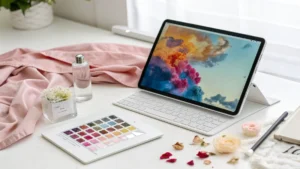 Tablet menampilkan visualisasi aroma parfum oleh AI di meja kerja desainer.