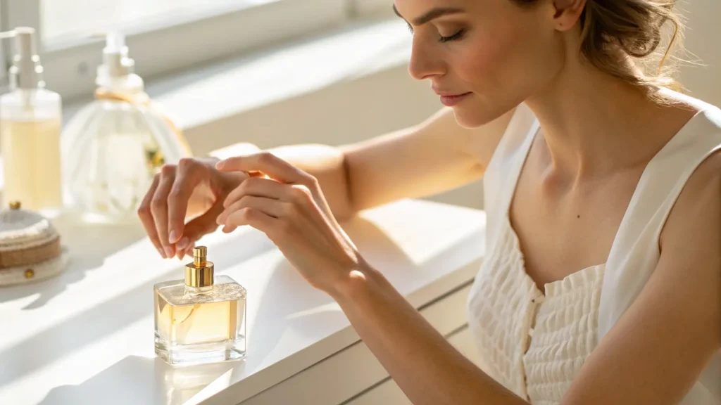 Wanita mengaplikasikan parfum di titik nadi pergelangan tangan.