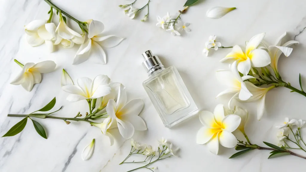 Botol parfum dengan bunga kamboja di atas meja marmer.