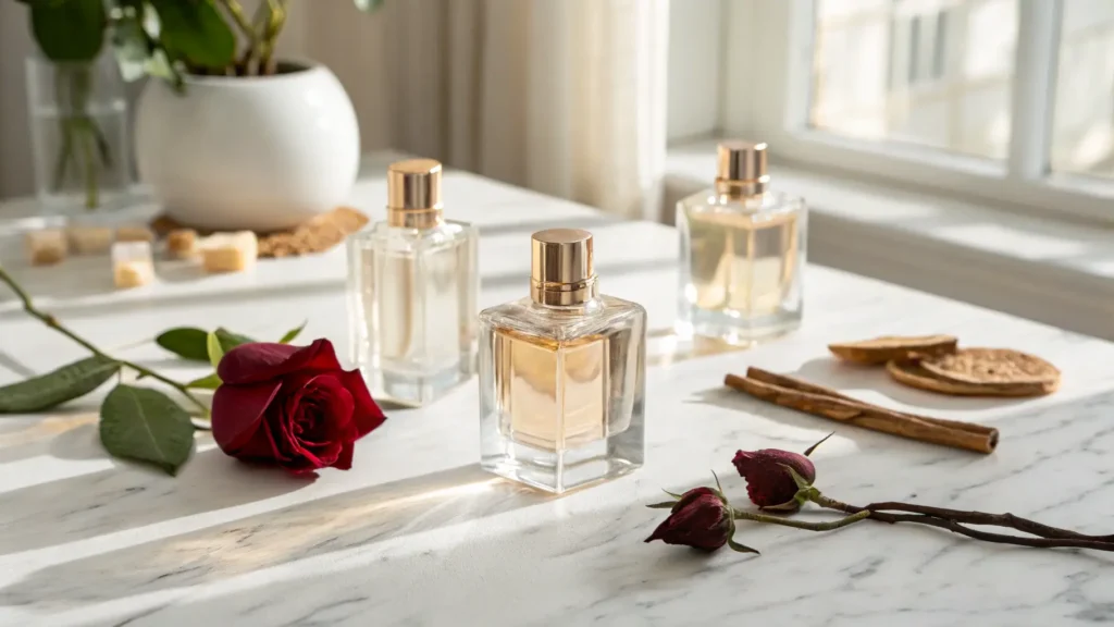 Tiga botol parfum di atas meja marmer dengan bunga mawar dan kayu manis.