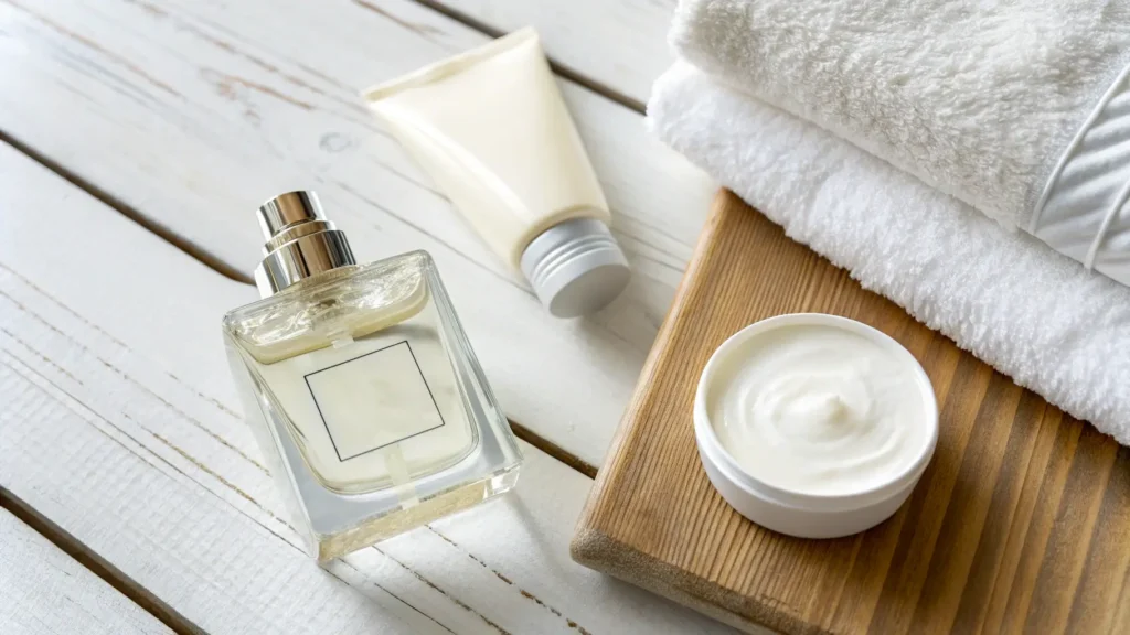 Sebotol cologne di samping produk pelembap kulit.