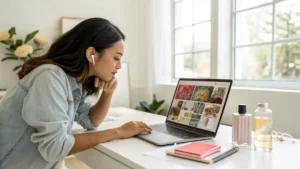 Pemilik brand parfum wanita melakukan riset ide visual dengan AI di laptop.