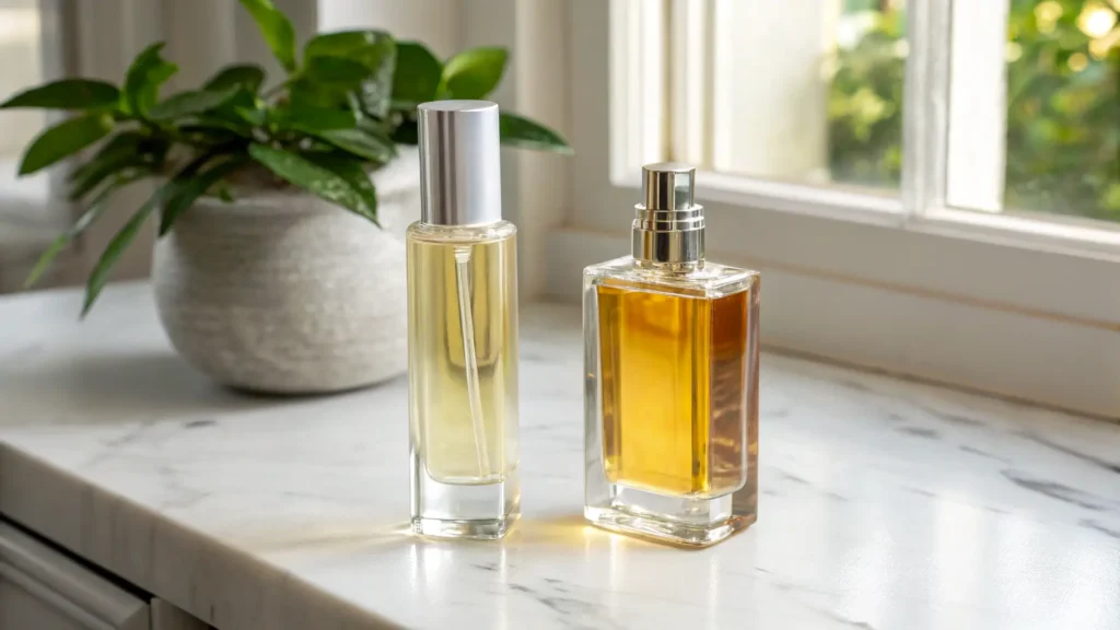 Dua botol parfum berbeda di atas meja marmer dekat jendela.