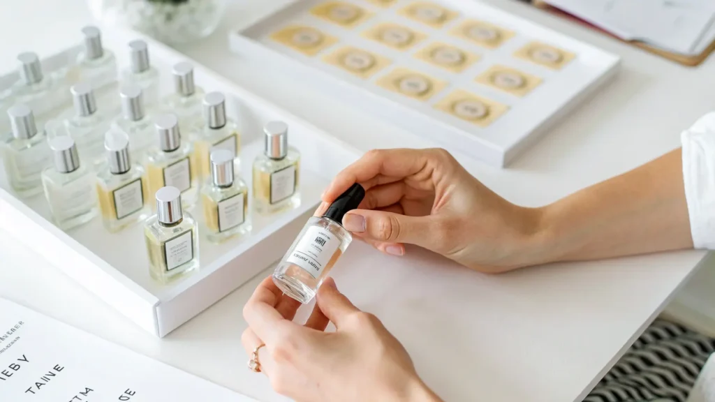 Seorang brand owner memilih sampel parfum dari koleksi Amulia.