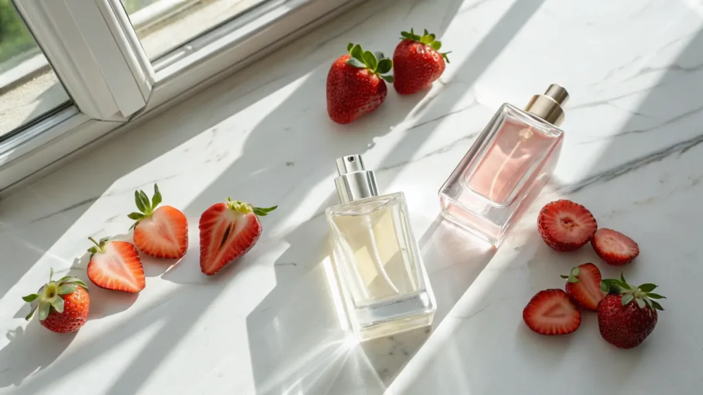 Dua botol parfum dengan buah strawberry segar di meja marmer