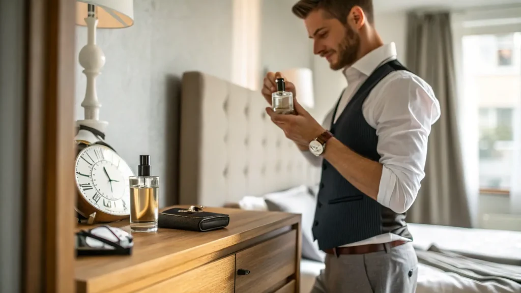 Pria berpakaian rapi memilih parfum untuk kencan.