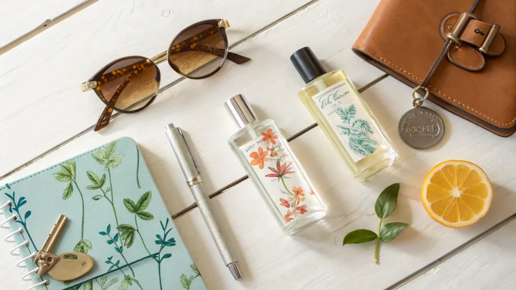 Flat lay beberapa botol parfum ringan bersama item esensial harian seperti kacamata dan buku.