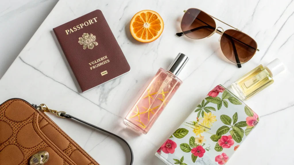 Beberapa parfum travel size dan paspor di atas meja