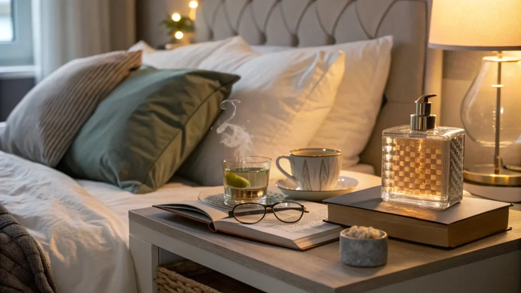 Meja samping tempat tidur dengan parfum dan teh hangat.