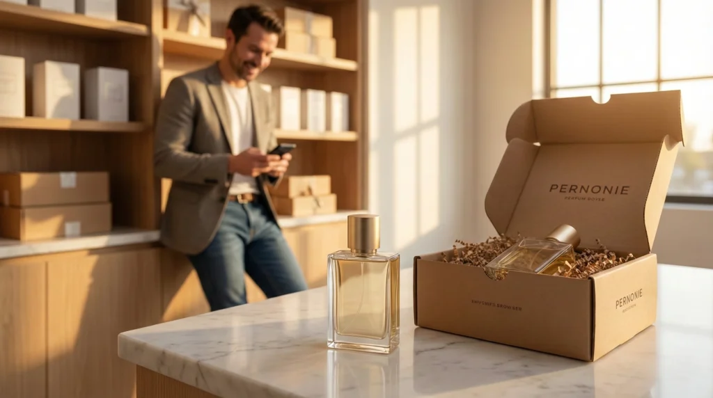 Botol parfum dengan kemasan brand sendiri di atas meja marmer dan pemilik bisnis di latar belakang.