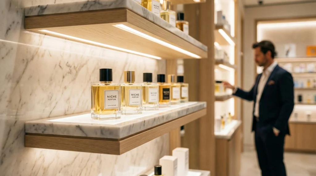 Botol parfum niche legal berjejer rapi di rak marmer toko modern yang terang.