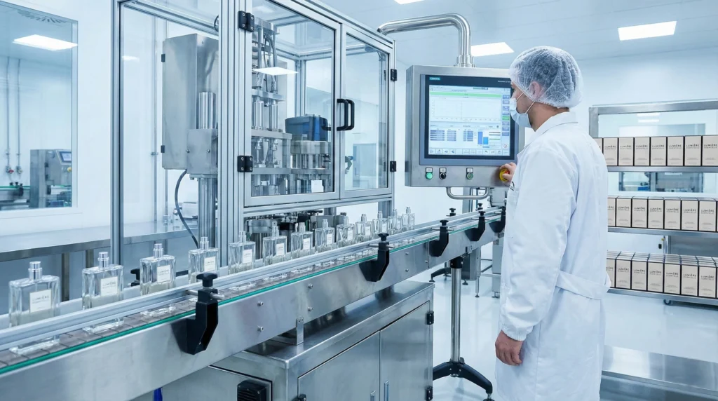 Teknisi di fasilitas produksi maklon parfum modern mengoperasikan mesin pengisi botol otomatis.