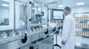 Teknisi di fasilitas produksi maklon parfum modern mengoperasikan mesin pengisi botol otomatis.