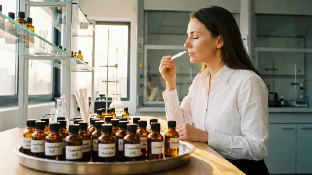 Peracik parfum mengevaluasi aroma menggunakan scent strip di lab.