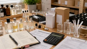 Meja pengembangan parfum dengan sampel botol, kemasan, kalkulator, dan catatan biaya buram