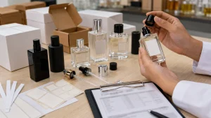 Meja pengecekan botol parfum dengan sampel botol, pump, label kosong, dan kemasan polos.