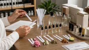 Meja pengembangan parfum dengan sample aroma, blotter strip, botol kosong, dan catatan deskripsi yang diburamkan