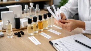 Meja evaluasi sample parfum dengan botol polos, blotter aroma, dan mockup kemasan