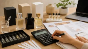 Meja perencanaan harga parfum dengan botol sampel, kalkulator, kemasan, dan catatan biaya buram