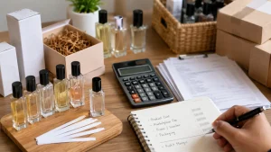 Meja kerja reseller parfum dengan botol sampel, kalkulator, kemasan, dan catatan biaya buram