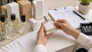 Botol parfum tanpa merek dengan label, box, dan catatan produksi di meja kerja