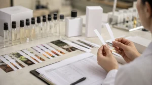 Meja pengembangan parfum dengan sample vial, blotter, dan catatan evaluasi aroma tanpa teks terbaca