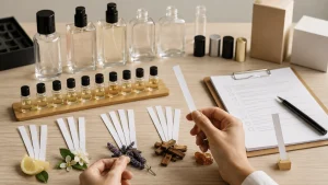 Meja pengembangan parfum dengan botol sampel, scent strip, dan mockup kemasan tanpa merek.