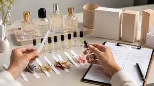 Meja pengembangan parfum dengan sample aroma, blotter, botol kosong, dan mockup kemasan tanpa merek