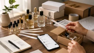 Meja kerja brand parfum dengan botol, sample, blotter, dan ponsel untuk penjualan online