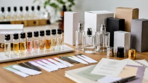 Meja pengembangan parfum dengan vial sampel, blotter aroma, dan mockup kemasan tanpa merek