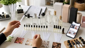 Meja pengembangan parfum dengan vial sampel, blotter aroma, botol kosong, kemasan polos, dan ponsel buram