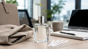 Botol parfum tanpa merek dan scent strip di meja kerja kantor yang rapi