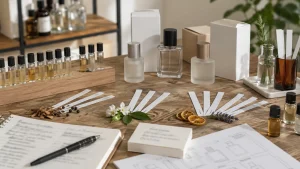 Meja pengembangan parfum dengan sampel aroma, botol netral, blotter, dan mockup kemasan brand lokal