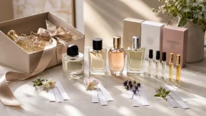 Meja pilihan parfum hadiah dengan botol, sample vial, scent blotter, dan kotak kado sederhana