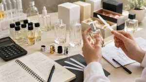 Meja kerja berisi sampel parfum, botol kosong, kemasan, dan catatan produksi untuk persiapan maklon