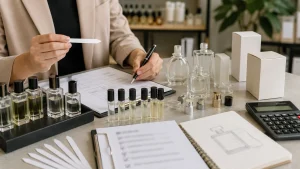 Meja perencanaan maklon parfum dengan sampel botol, blotter aroma, mockup kemasan, dan checklist