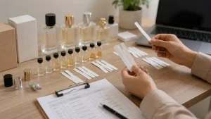 Meja pengembangan parfum dengan sample aroma, blotter, botol kosong, dan catatan revisi yang tidak terbaca