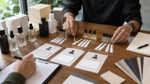 Meja perencanaan brand parfum dengan sampel aroma, botol polos, dan kartu profil pembeli