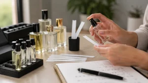 Tangan menguji aroma parfum dengan tester, blotter, dan botol sampel tanpa label