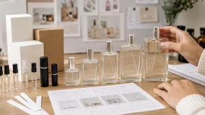 Perbandingan beberapa ukuran botol parfum di meja pengembangan produk maklon