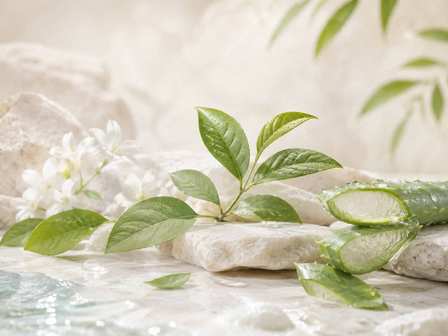 Daun hijau, bunga putih, dan aloe vera untuk menggambarkan kategori aroma fresh